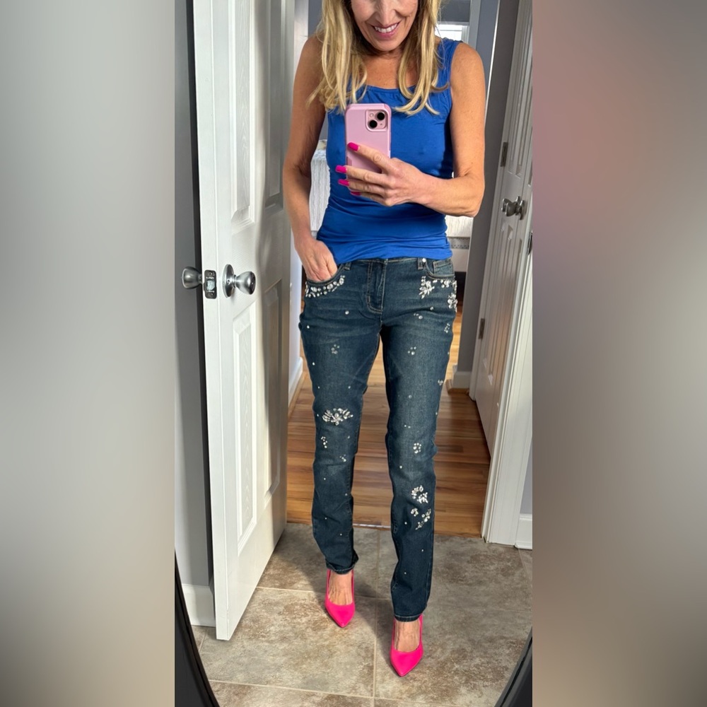 Embellished Dark Blue Straight Leg Jeans-stunning on and in person